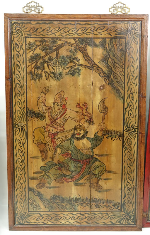 Pair of Mid to Late 20th Century Chinese Wood Panels Depicting Warriors.