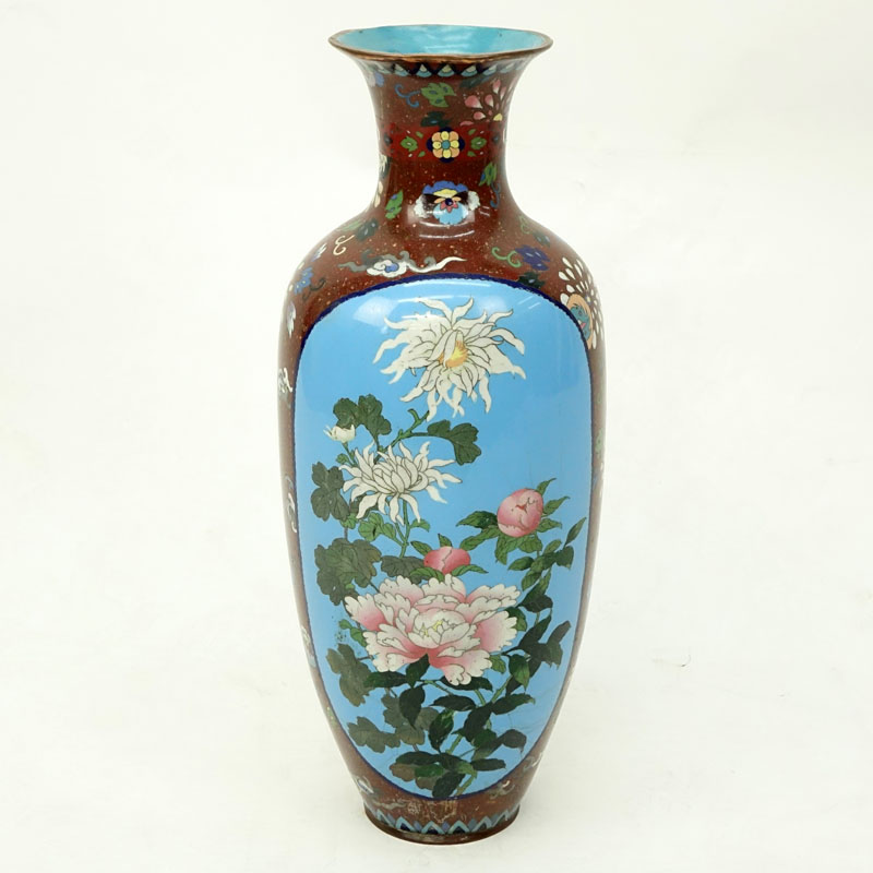 Large Antique Japanese Cloisonné Vase. Exotic wild flowers window on front and obverse side, floral panel with gold flecks. 