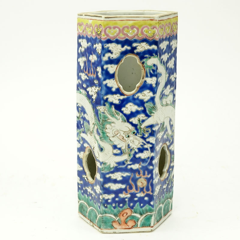Late 19th or Early 20th Century Chinese Blue Ground "Dragon" Hexagonal Hat Stand. 