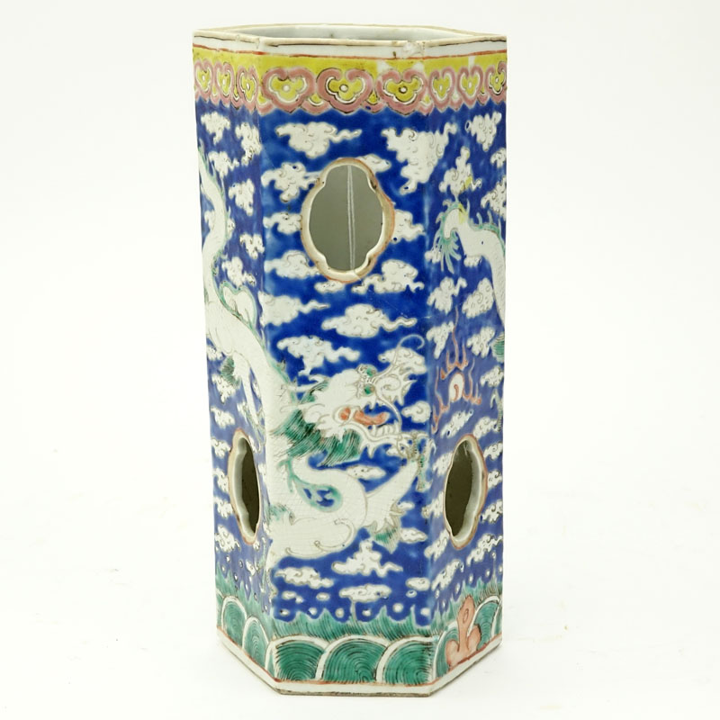 Late 19th or Early 20th Century Chinese Blue Ground "Dragon" Hexagonal Hat Stand. 