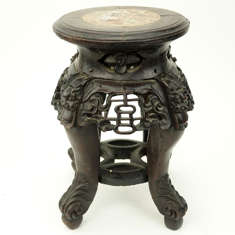 19/20th Century Chinese Carved Wood Plant Stand with Marble Top.