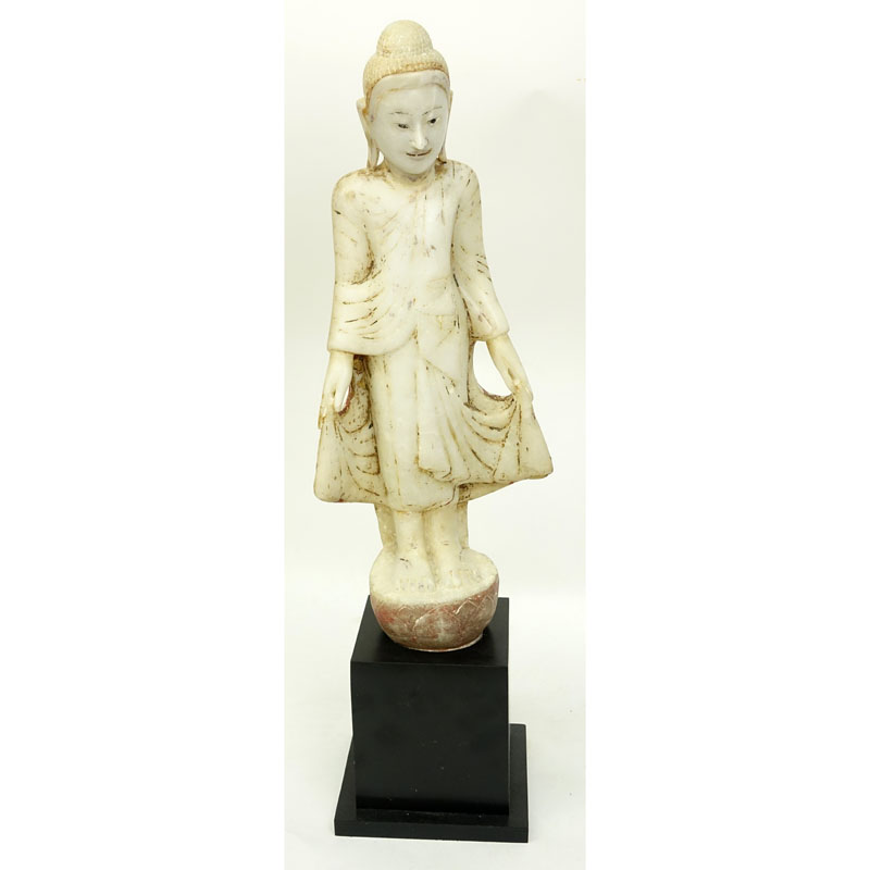 19/20th Century Burmese Mandalay Standing Buddha Alabaster Sculpture Mounted in Fitted Base.