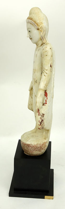 19/20th Century Burmese Mandalay Standing Buddha Alabaster Sculpture Mounted in Fitted Base.