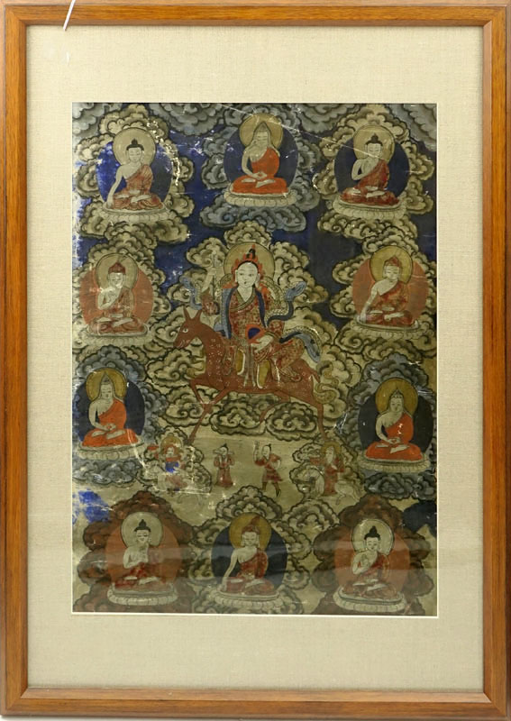 19th Century Tibetan Thangka Gouache Painting on Silk.