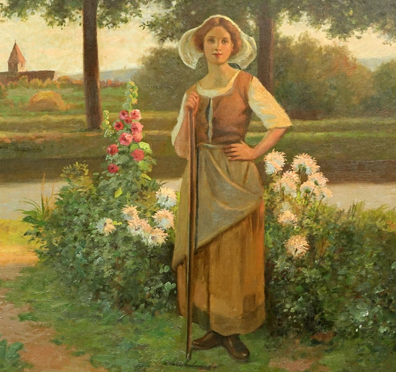 Jean Beauduin, Belgian (1851-1916) Oil on canvas "Maiden In Garden". 