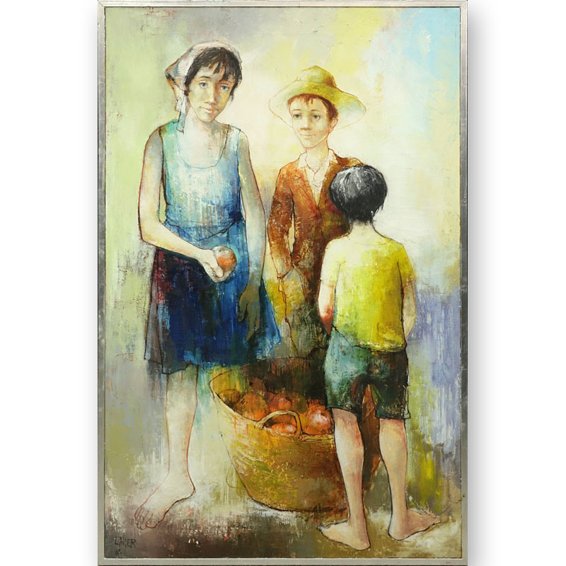 American School (20th Century) "Apple Pickers" Oil on Canvas.