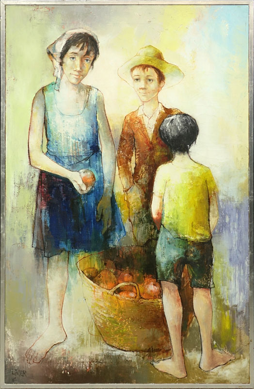 American School (20th Century) "Apple Pickers" Oil on Canvas.