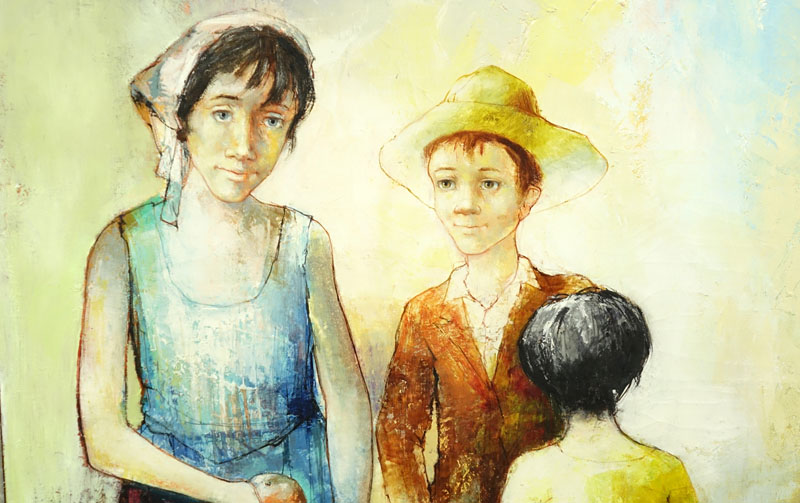 American School (20th Century) "Apple Pickers" Oil on Canvas.