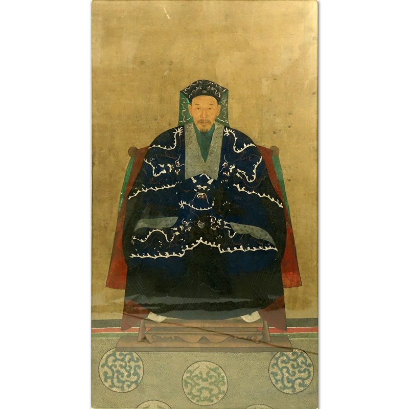 19th Century Chinese School "Ancestor Portrait" Gouache Painting on Paper. 