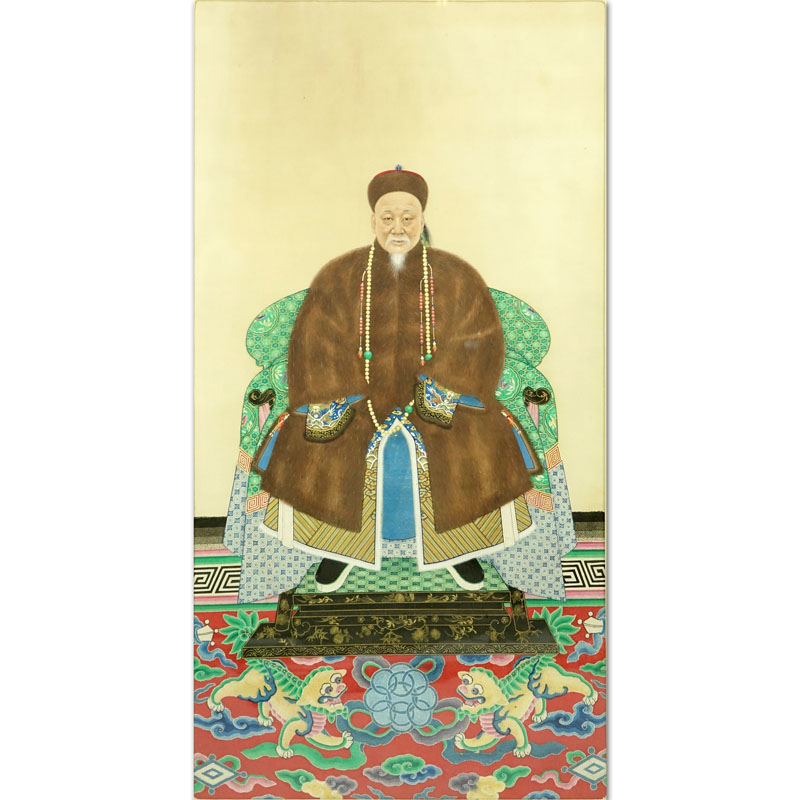 19th Century Chinese School "Ancestor Portrait" Gouache Painting on Paper. 