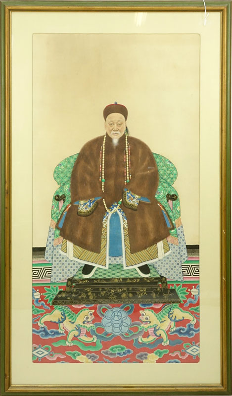 19th Century Chinese School "Ancestor Portrait" Gouache Painting on Paper. 