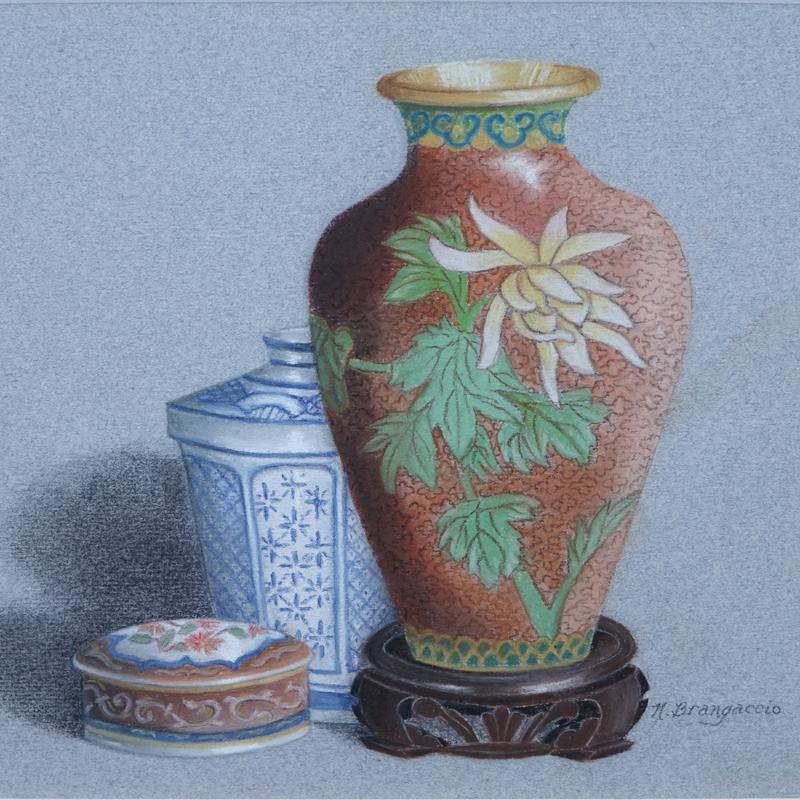 Nancy Brangaccio, American (20th Century) pastel on paper "Still Life Of Chinese Table Wares". 