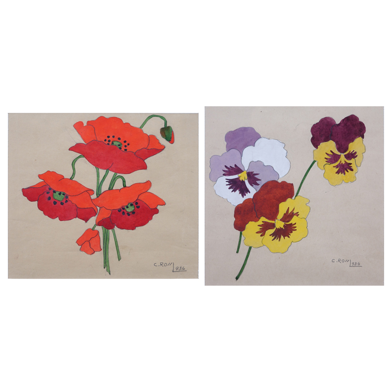 Two (2) 1930's Watercolor Paintings. "Pansies", "Poppies". Both signed C. Rossi 1936. 