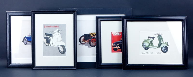 Five (5) Vintage Auto Prints. Includes: Lambretta, Vespa 1925, Duesenberg 1935 Model SJ, Ford 1902 Model 999, Fiate 500L.