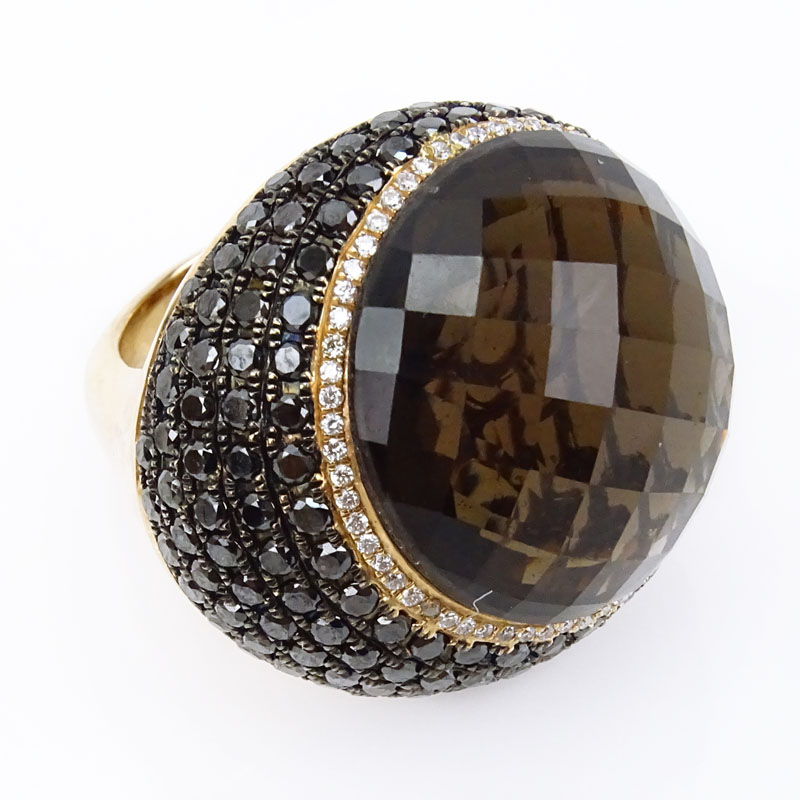 Large Round Cut Citrine, Pave Set Black Diamond, White Diamond and 18 Karat Yellow Gold Rome Ring. 