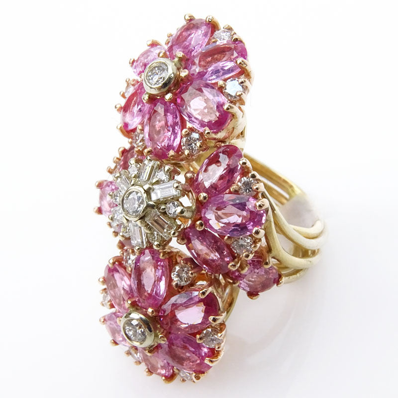 Vintage Approx. 10.0 Carat Oval Brilliant Cut Pink Sapphire, Round Brilliant and Baguette Cut Diamond, 18 Karat and 14 Karat Yellow Gold Cocktail Ring.