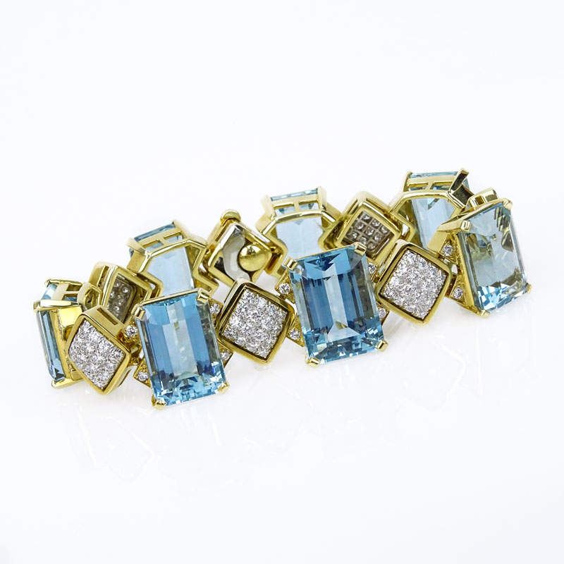 Vintage Approx. 79.0 Carat Emerald Cut Aquamarine, 3.30 Carat Pave Set Diamond and 18 Karat Yellow Gold Bracelet. 