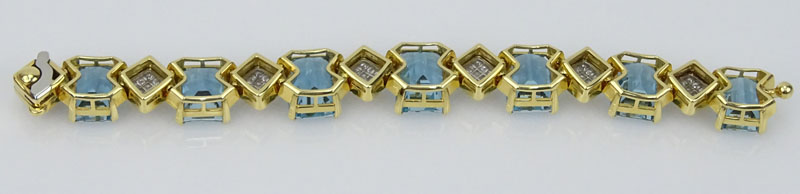 Vintage Approx. 79.0 Carat Emerald Cut Aquamarine, 3.30 Carat Pave Set Diamond and 18 Karat Yellow Gold Bracelet. 