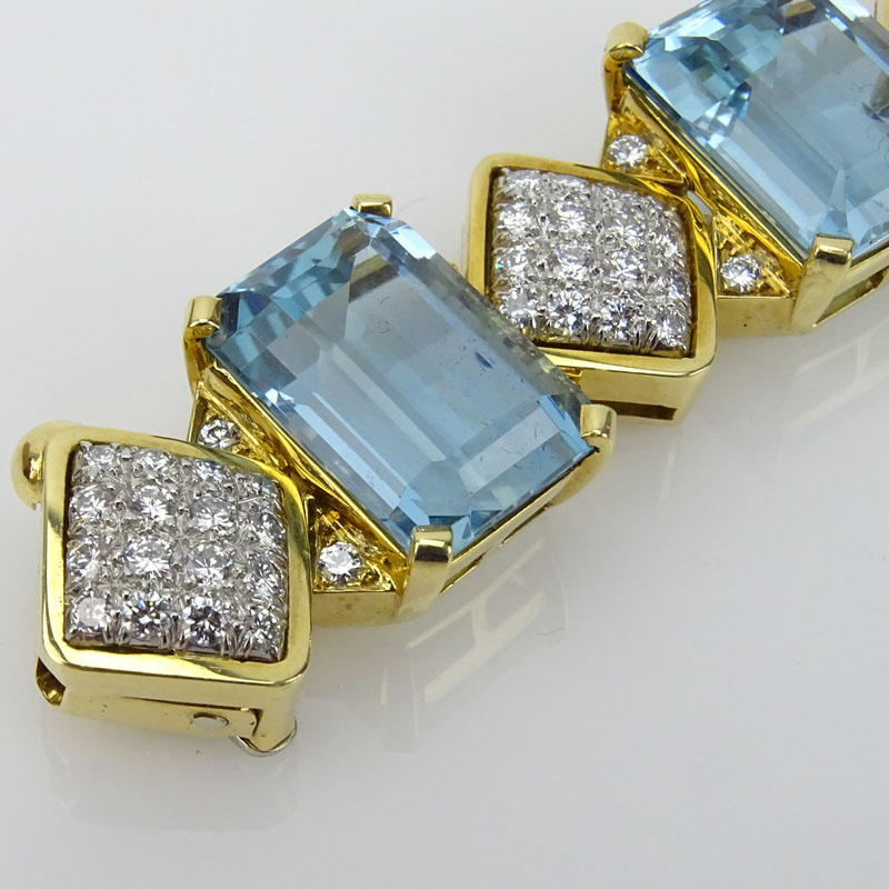 Vintage Approx. 79.0 Carat Emerald Cut Aquamarine, 3.30 Carat Pave Set Diamond and 18 Karat Yellow Gold Bracelet. 