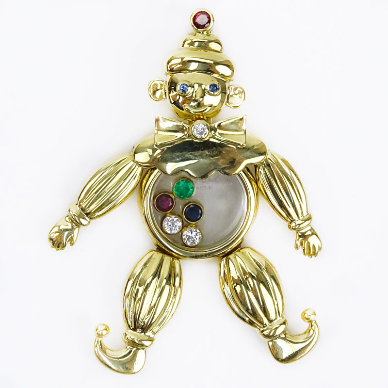 Vintage Chopard Happy Diamond and Multi Gemstone 18 Karat Yellow Gold Articulated Clown Pendant.