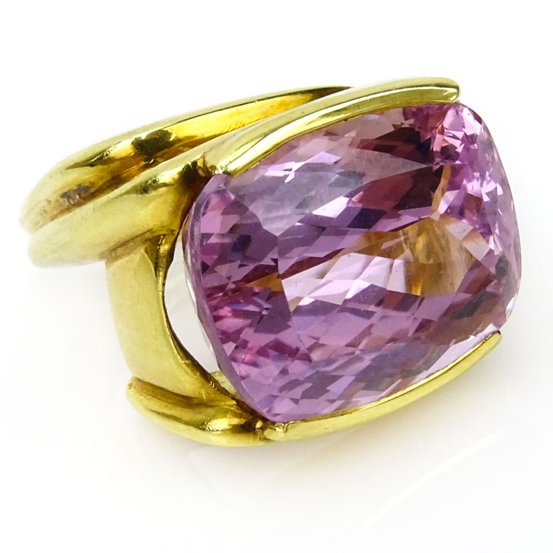 Approx. 26.0 Carat Cushion Cut Gem Quality Kunzite and 18 Karat Yellow Gold Contemporary Design Ring.