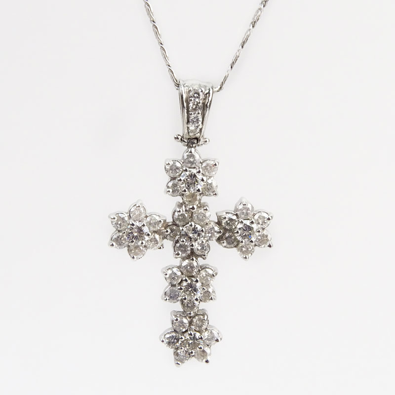 Vintage Italian Round Brilliant Cut Diamond and 14 Karat White Gold Cross Pendant  Necklace.