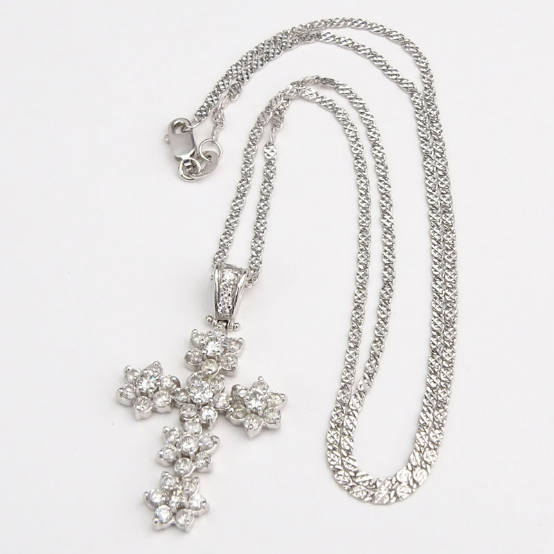 Vintage Italian Round Brilliant Cut Diamond and 14 Karat White Gold Cross Pendant  Necklace.