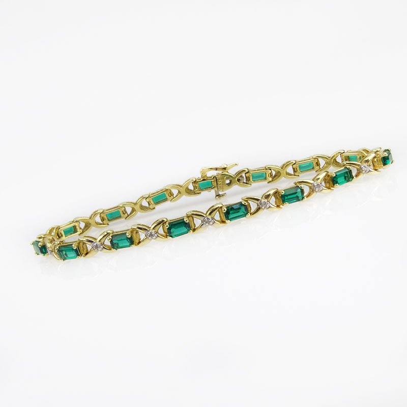 Vintage Emerald and Diamond 14 Karat Yellow Gold Inline Bracelet.