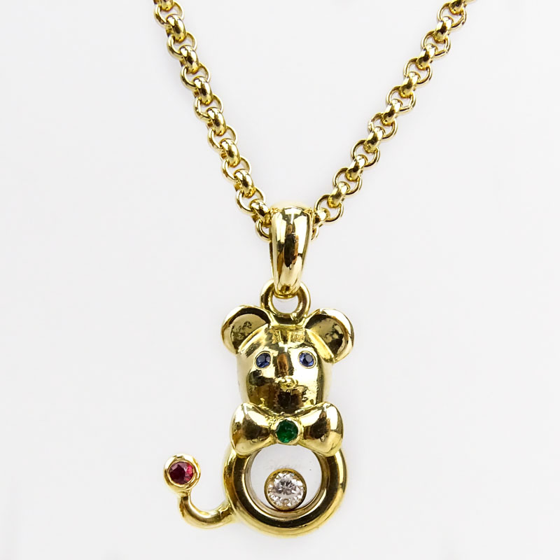 Vintage Chopard Happy Diamond and Multi Gemstone 18 Karat Yellow Gold Mouse Pendant Necklace.