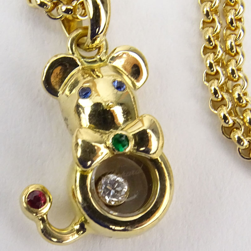 Vintage Chopard Happy Diamond and Multi Gemstone 18 Karat Yellow Gold Mouse Pendant Necklace.