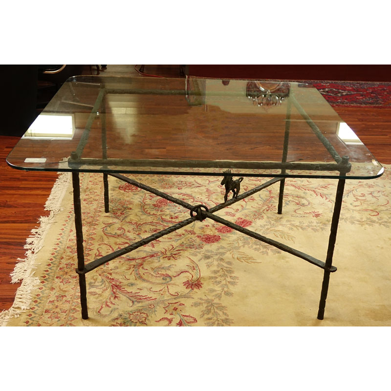 Manner of Diego Giacometti Patinated Wrought Iron Dining Table with Glass Top.