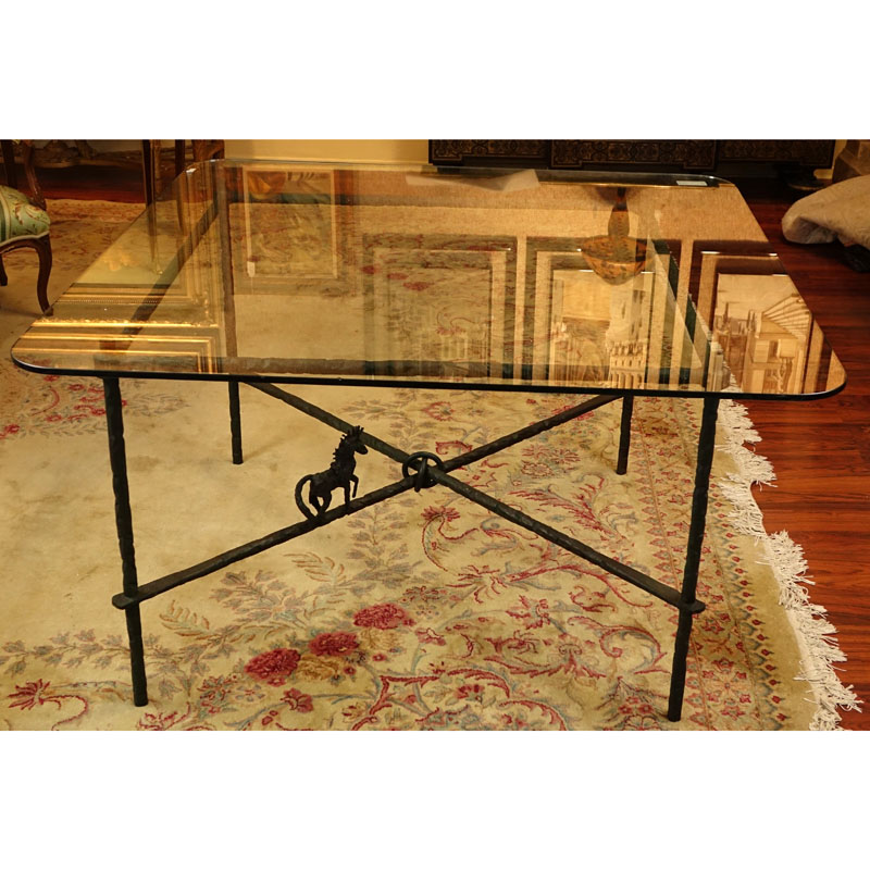 Manner of Diego Giacometti Patinated Wrought Iron Dining Table with Glass Top.