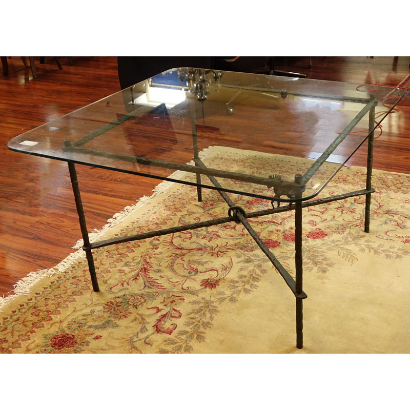 Manner of Diego Giacometti Patinated Wrought Iron Dining Table with Glass Top.