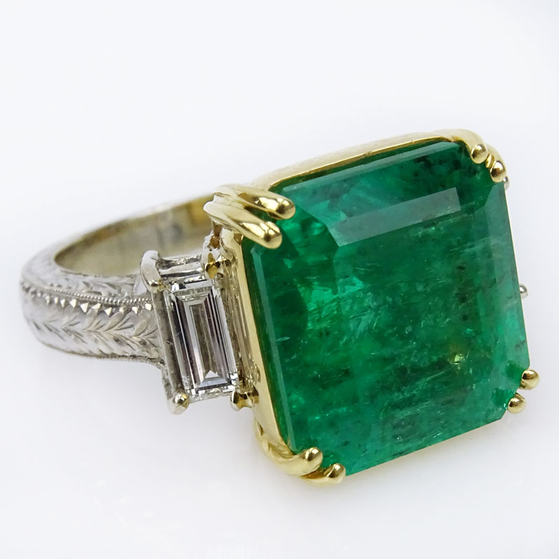 Fine Quality Approx. 12.02 Carat Colombian Emerald, 1.10 Carat Baguette Cut Diamond and 18 Karat Gold Ring. 