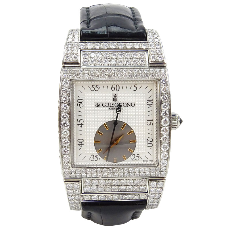 Man's de Grisogno Approx. 11.0 Carat Pave Set Diamond and Stainless Steel Automatic Movement Watch with Alligator Strap.