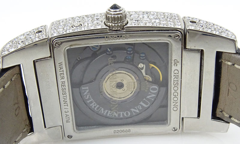 Man's de Grisogno Approx. 11.0 Carat Pave Set Diamond and Stainless Steel Automatic Movement Watch with Alligator Strap.