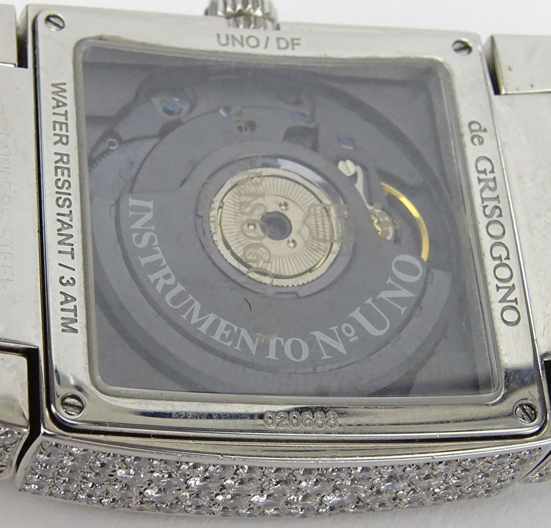 Man's de Grisogno Approx. 11.0 Carat Pave Set Diamond and Stainless Steel Automatic Movement Watch with Alligator Strap.