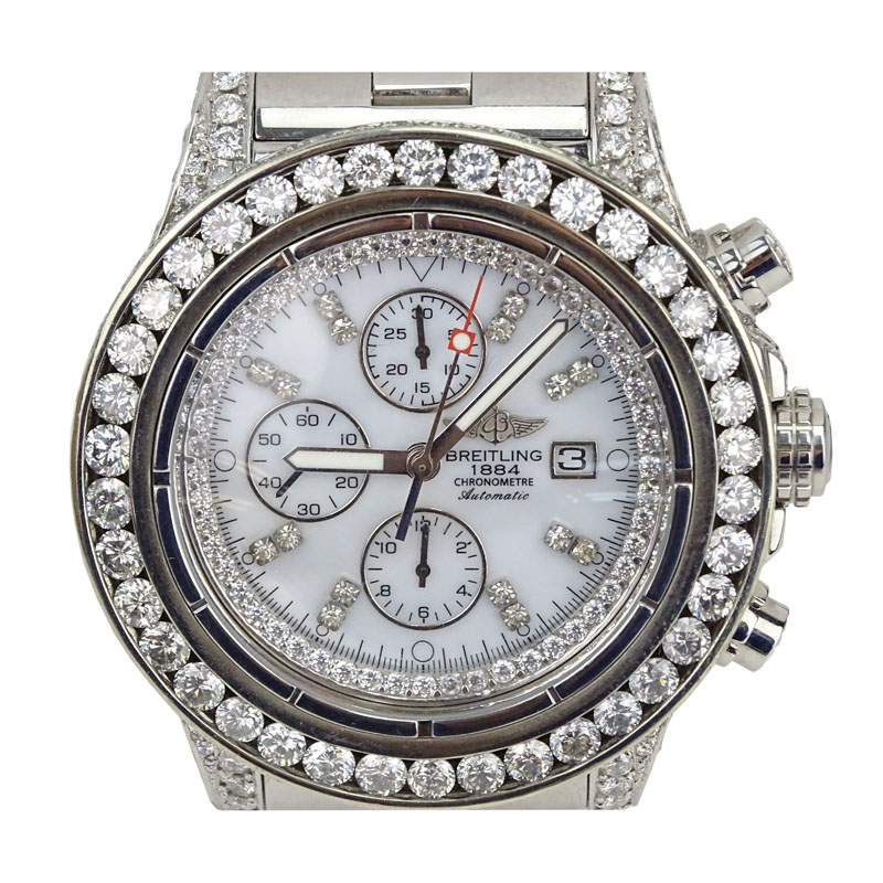 Man's Breitling Approx. 17.60 Carat Round Brilliant Cut Diamond and Stainless Steel Chronometre Automatic Bracelet Watch with Mother of Pearl Dial.