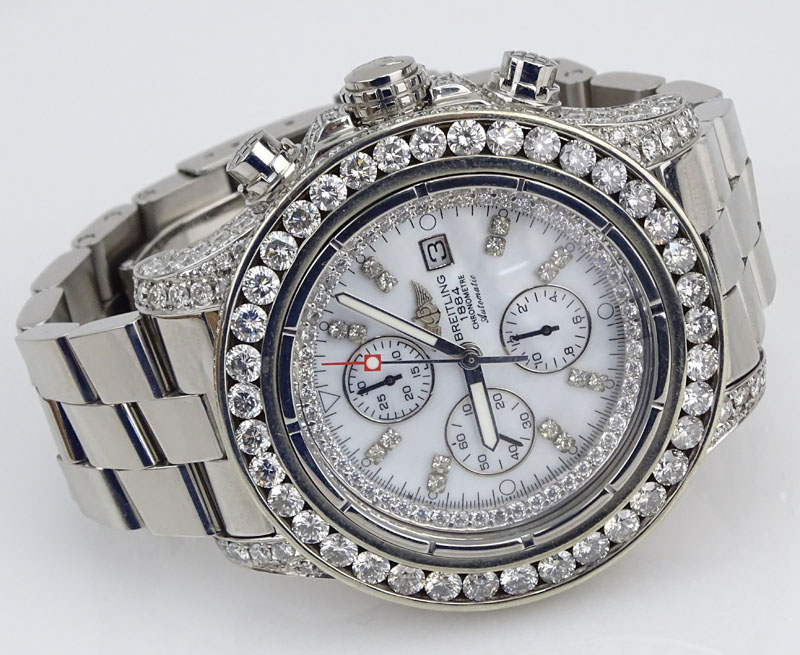 Man's Breitling Approx. 17.60 Carat Round Brilliant Cut Diamond and Stainless Steel Chronometre Automatic Bracelet Watch with Mother of Pearl Dial.