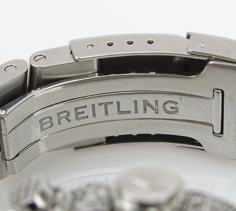 Man's Breitling Approx. 17.60 Carat Round Brilliant Cut Diamond and Stainless Steel Chronometre Automatic Bracelet Watch with Mother of Pearl Dial.