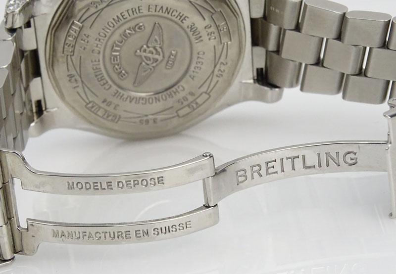 Man's Breitling Approx. 17.60 Carat Round Brilliant Cut Diamond and Stainless Steel Chronometre Automatic Bracelet Watch with Mother of Pearl Dial.