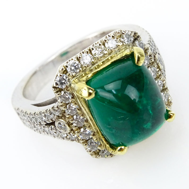 Rodrigo Giraldo Certified Colombian 6.34 Carat Sugar Loaf Cabochon Emerald, 1.50 Carat Round Brilliant Cut Diamond and 18 Karat White and Yellow Gold Ring. 