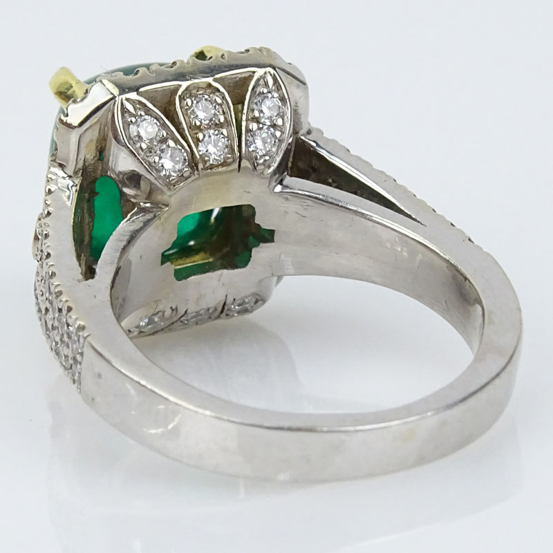 Rodrigo Giraldo Certified Colombian 6.34 Carat Sugar Loaf Cabochon Emerald, 1.50 Carat Round Brilliant Cut Diamond and 18 Karat White and Yellow Gold Ring. 