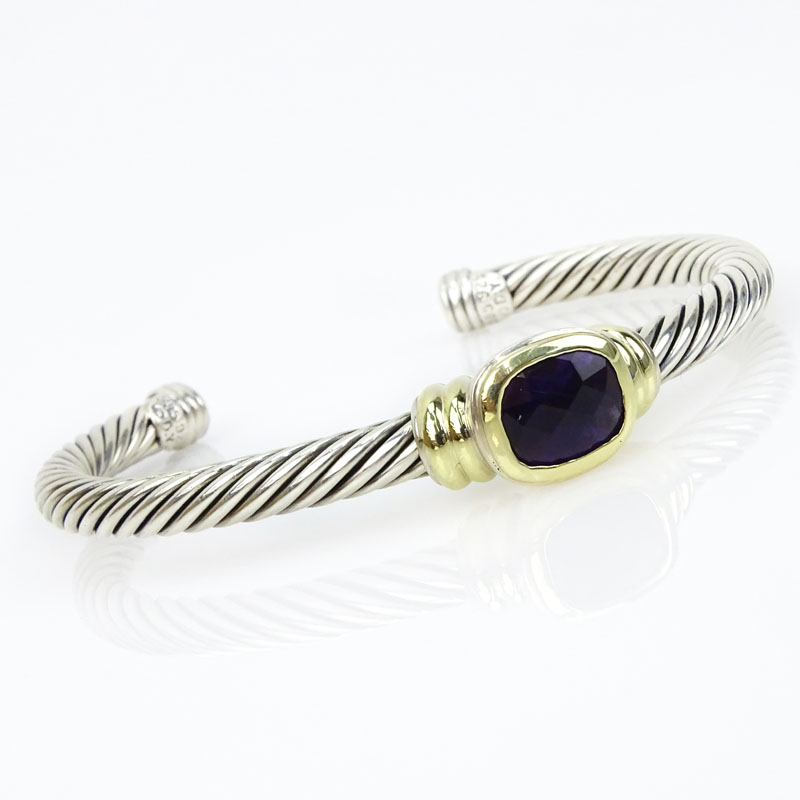 Vintage David Yurman Sterling Silver, 14 Karat Yellow Gold and Amethyst Classic Cable Cuff Bangle. 