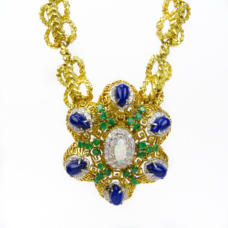 Large Vintage Approx. 3.00 Carat Emerald, 1.75 Carat Round Brilliant Cut Diamond, Cabochon Marquise Cut Opal, Pear Shape Lapis Lazuli and Heavy 18 Karat Yellow Gold Pendant/Brooch Necklace.