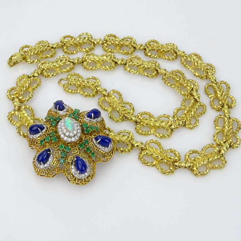 Large Vintage Approx. 3.00 Carat Emerald, 1.75 Carat Round Brilliant Cut Diamond, Cabochon Marquise Cut Opal, Pear Shape Lapis Lazuli and Heavy 18 Karat Yellow Gold Pendant/Brooch Necklace.