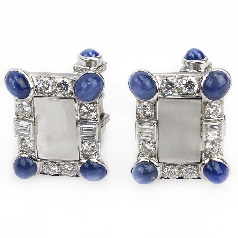 Vintage Lucien Picard Approx. 8.0 Carat Oval Cabochon Star Sapphire, 3.55 Carat Round Brilliant and Baguette Cut Diamond, Platinum and 14 Karat White Gold Cufflinks.