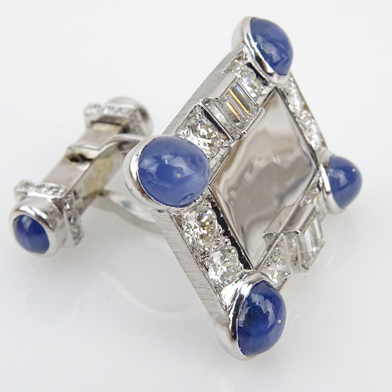 Vintage Lucien Picard Approx. 8.0 Carat Oval Cabochon Star Sapphire, 3.55 Carat Round Brilliant and Baguette Cut Diamond, Platinum and 14 Karat White Gold Cufflinks.