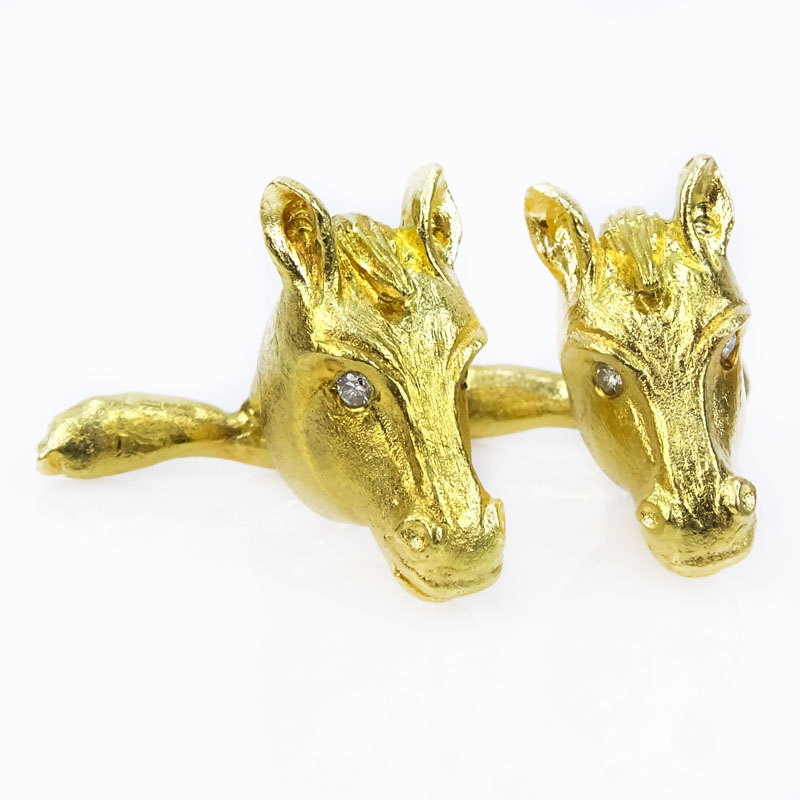 Estate 18 Karat Yellow Gold Horse Head Cufflinks with Diamond Eyes.