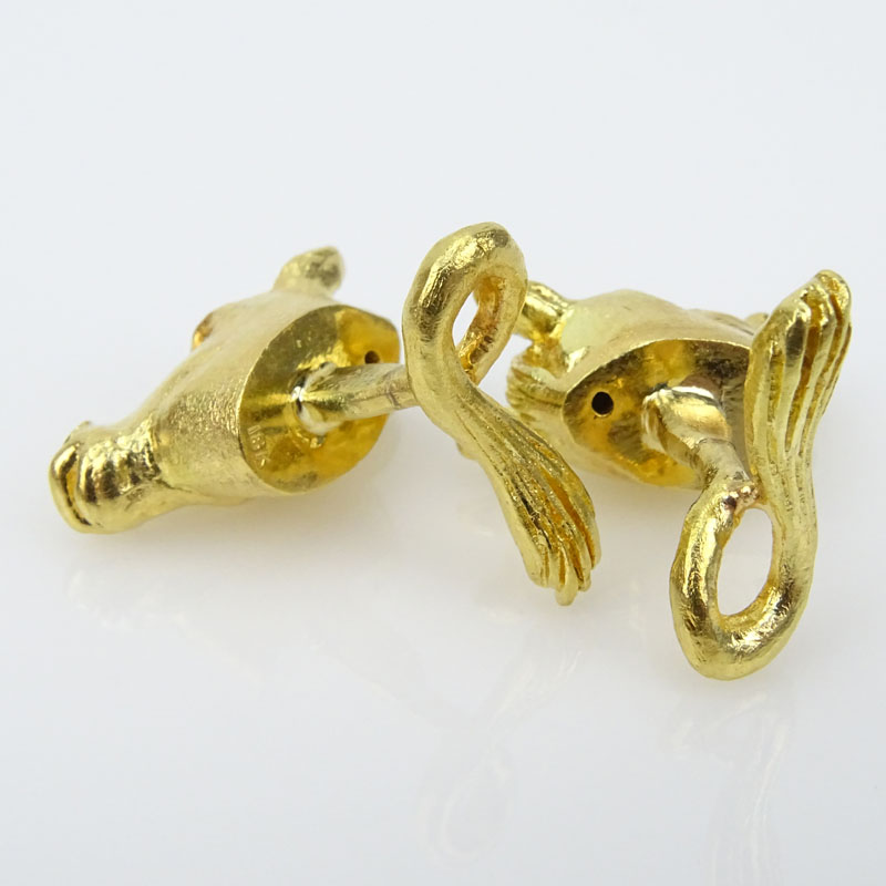 Estate 18 Karat Yellow Gold Horse Head Cufflinks with Diamond Eyes.